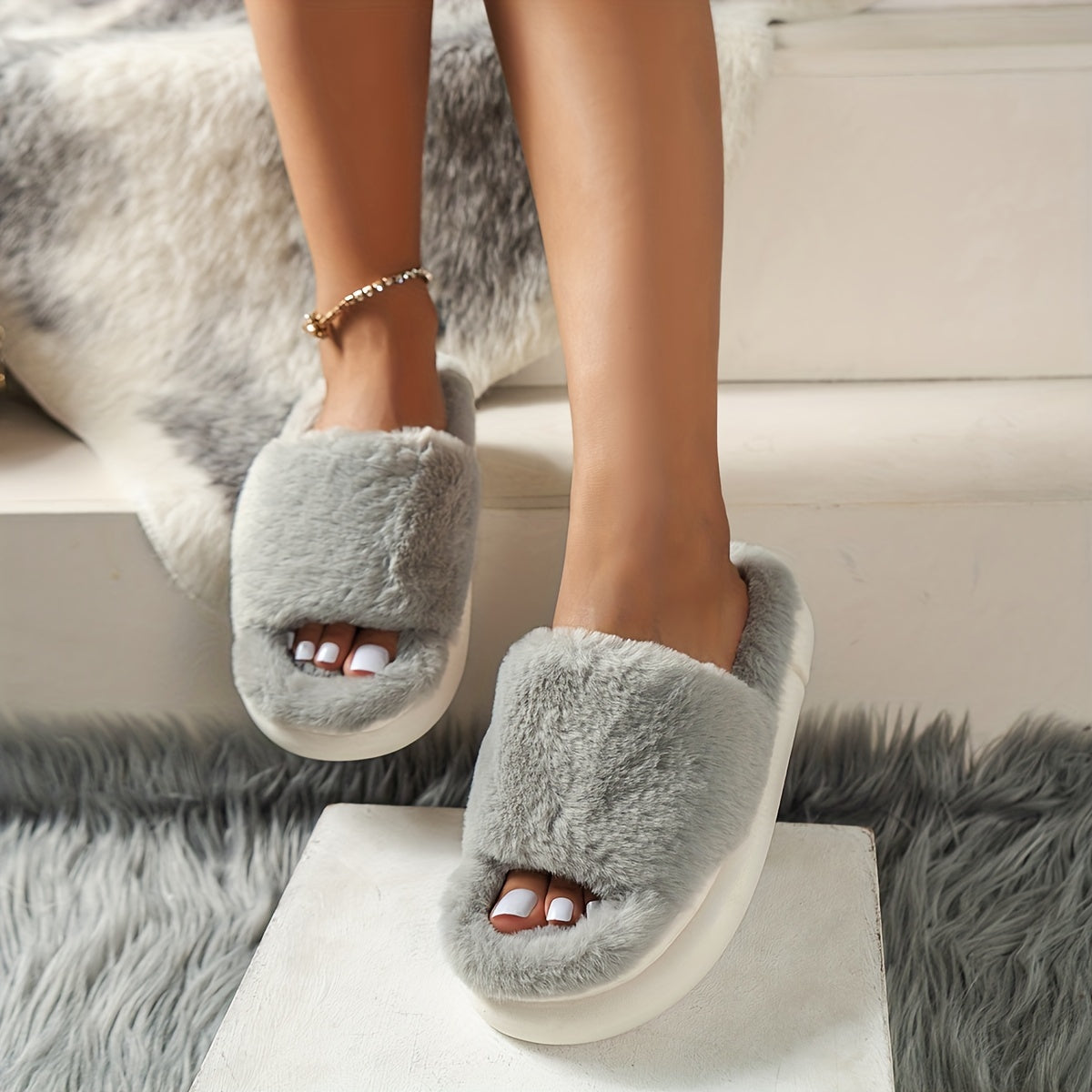 Warm Faux Fur Home Slippers – Cozy Open Toe Boot
