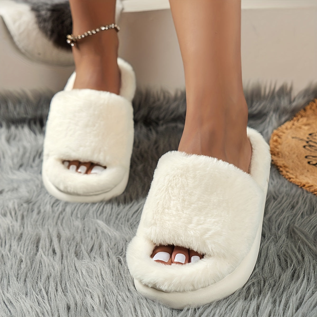 Warm Faux Fur Home Slippers – Cozy Open Toe Boot