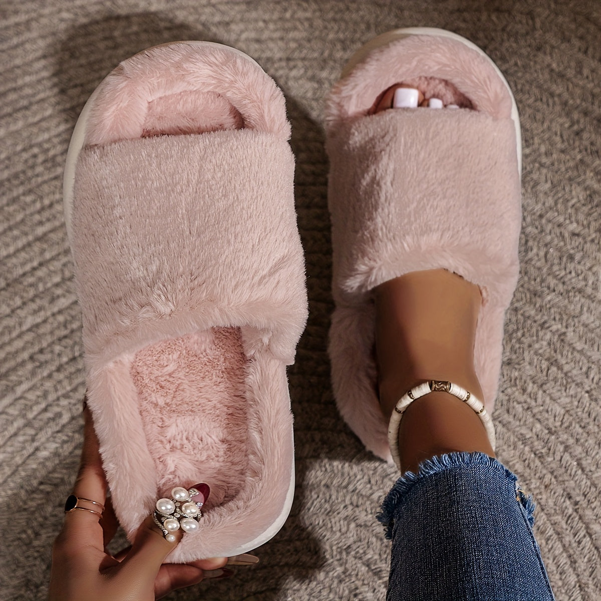 Warm Faux Fur Home Slippers – Cozy Open Toe Boot