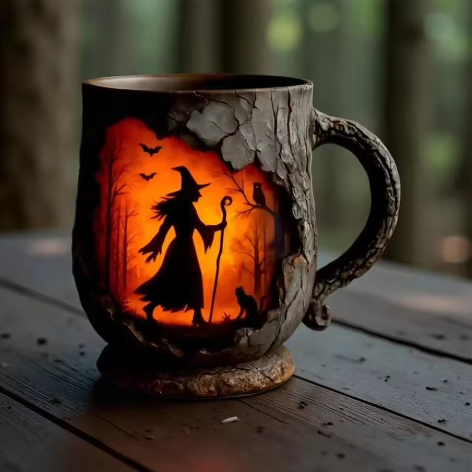 Handmade 3D Halloween Mug β Witch & Cat Design