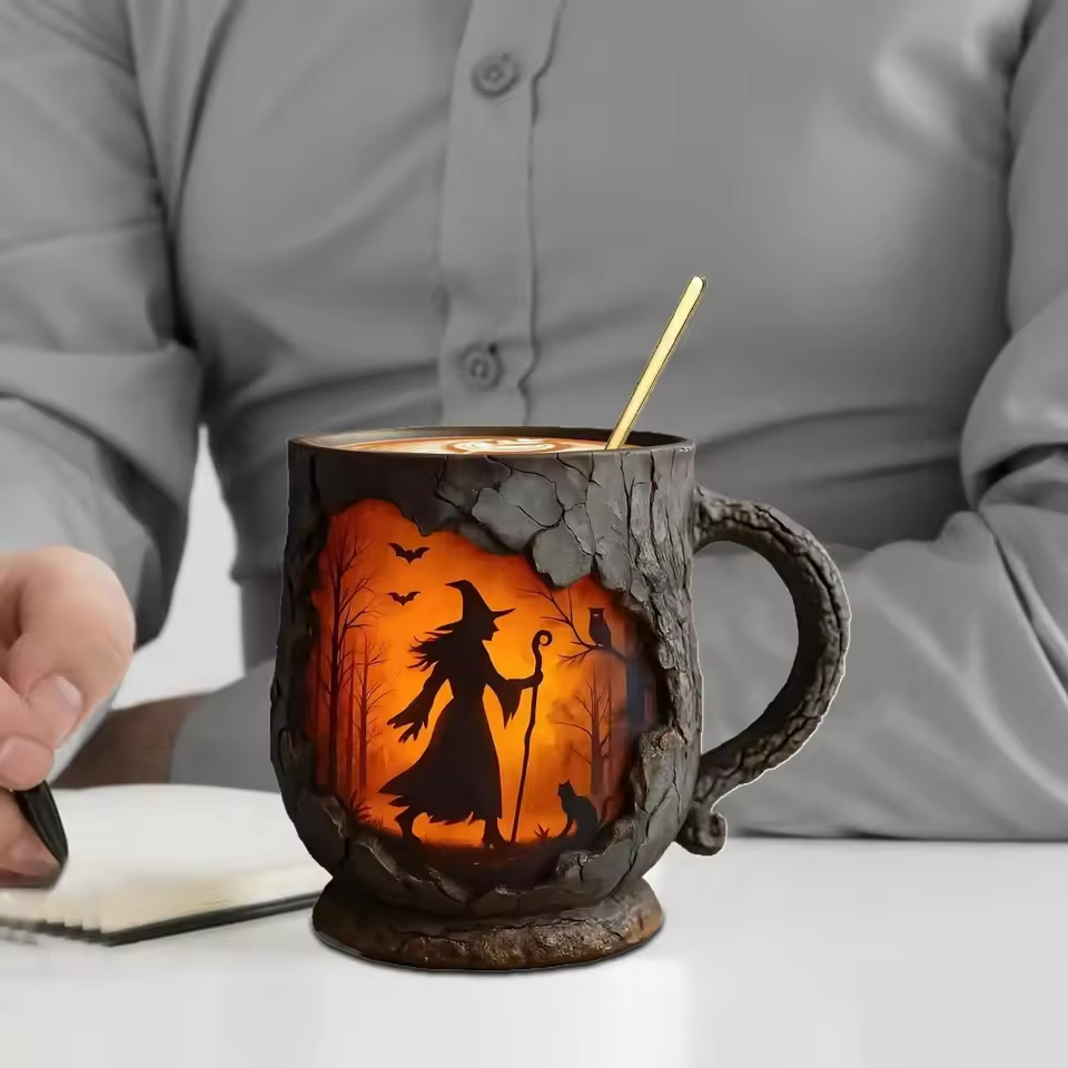 Handmade 3D Halloween Mug β Witch & Cat Design