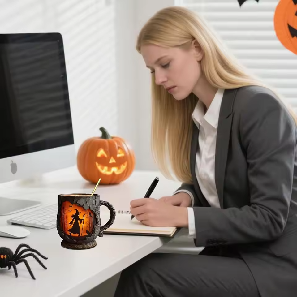 Handmade 3D Halloween Mug β Witch & Cat Design