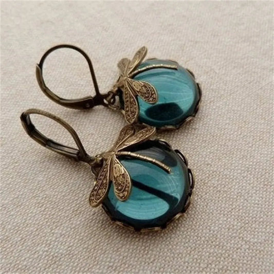 Vintage Drop-Shaped Moonstone Earrings with Dragonfly Design