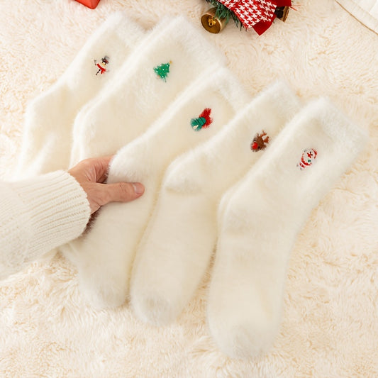 5 paar witte pluche kerstsokken voor dames, kuitlengte, verdikt en warm voor de winter, perfect om op de vloer te loungen.