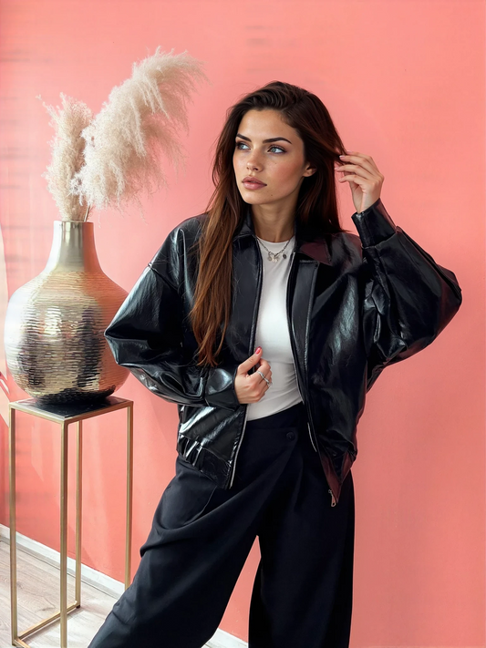 Glossy Black Bomber Jacket
