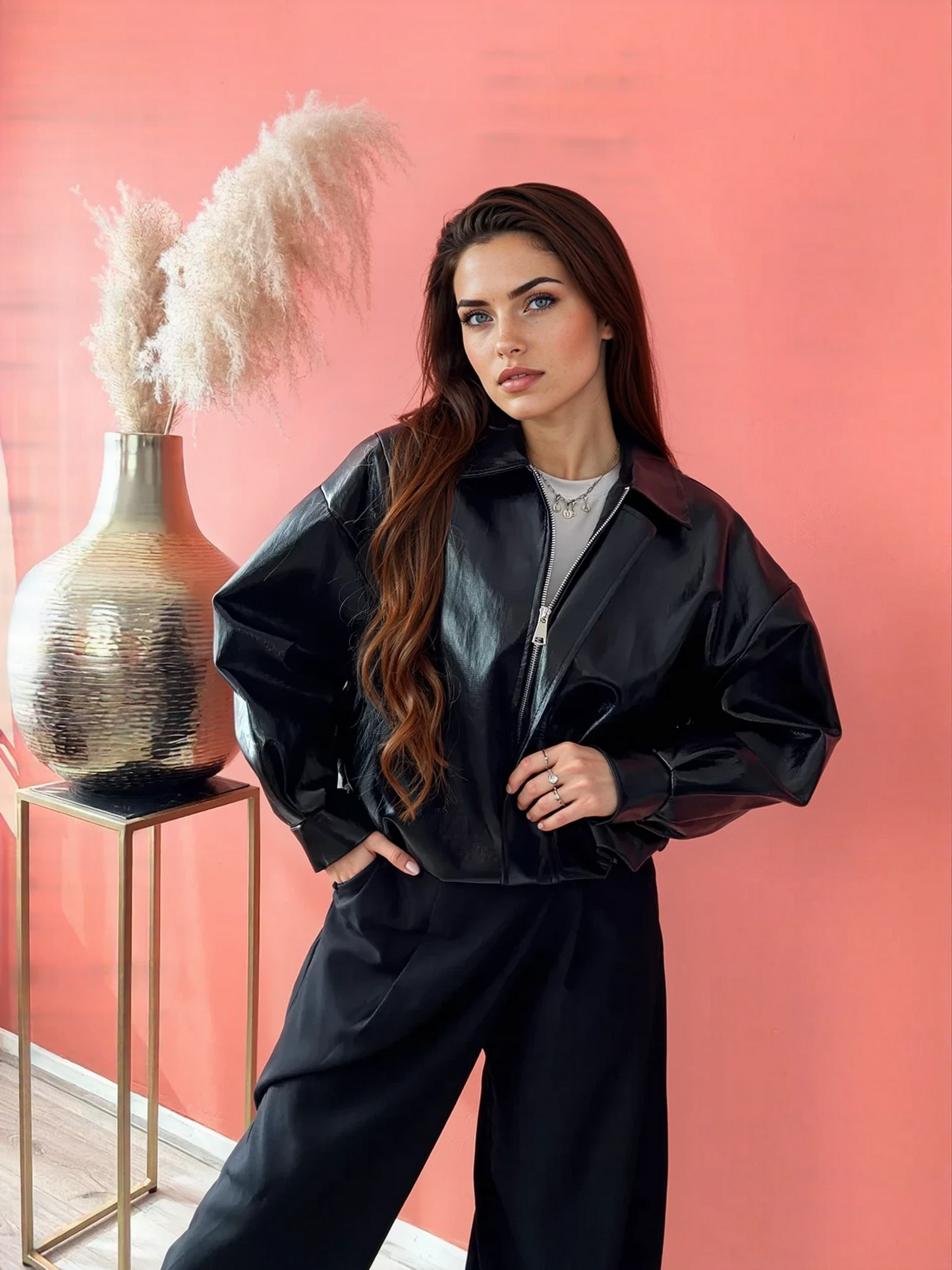 Glossy Black Bomber Jacket