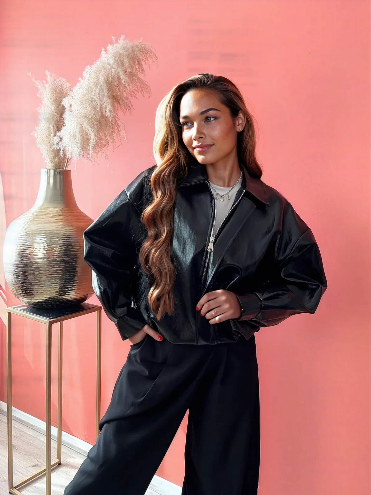 Glossy Black Bomber Jacket
