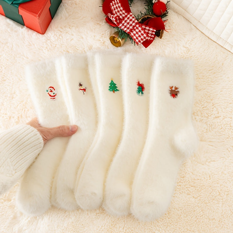 5 paar witte pluche kerstsokken voor dames, kuitlengte, verdikt en warm voor de winter, perfect om op de vloer te loungen.