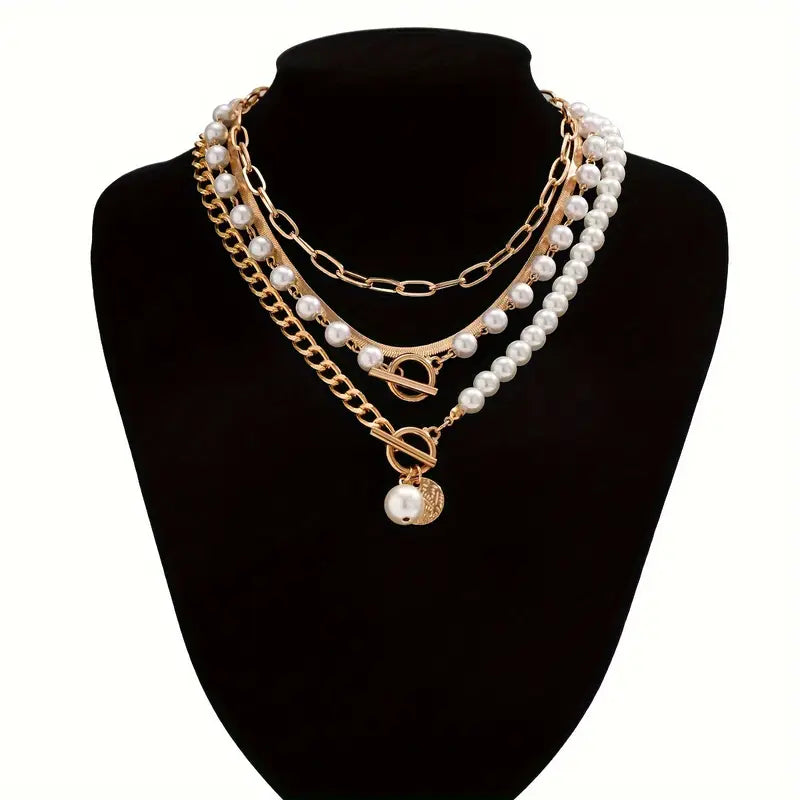 Gold Vintage Necklace with Pearl and Snake Chain