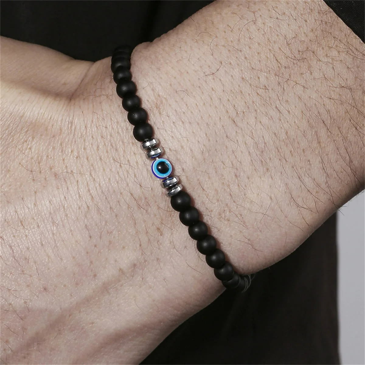 Bracelet homme en pierre naturelle de 4 mm avec breloque mauvais œil
