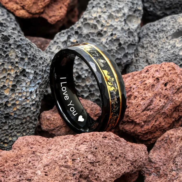 Bague en tungstène Orion avec feuille d'or et incrustation de météorite noire