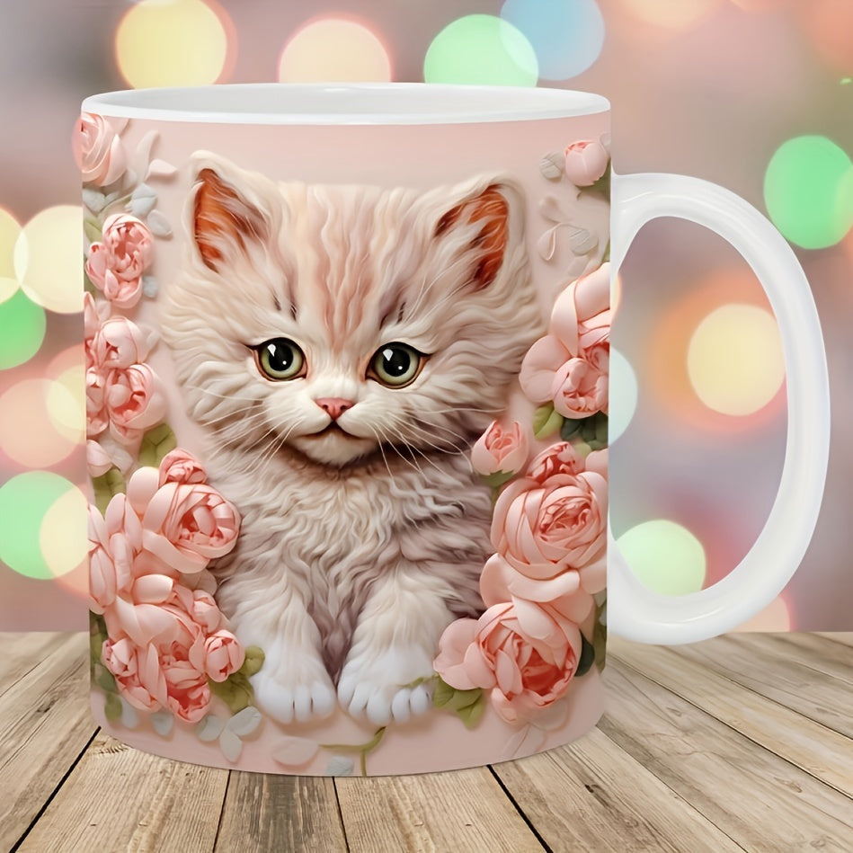 Keramische Kattenmok 340ml, Perfect voor Koffie, Thee, Melk, Vaatwasser- en Magnetronbestendig, Ideaal Cadeau voor Vrienden en Familie, Charmant Kitty Ontwerp