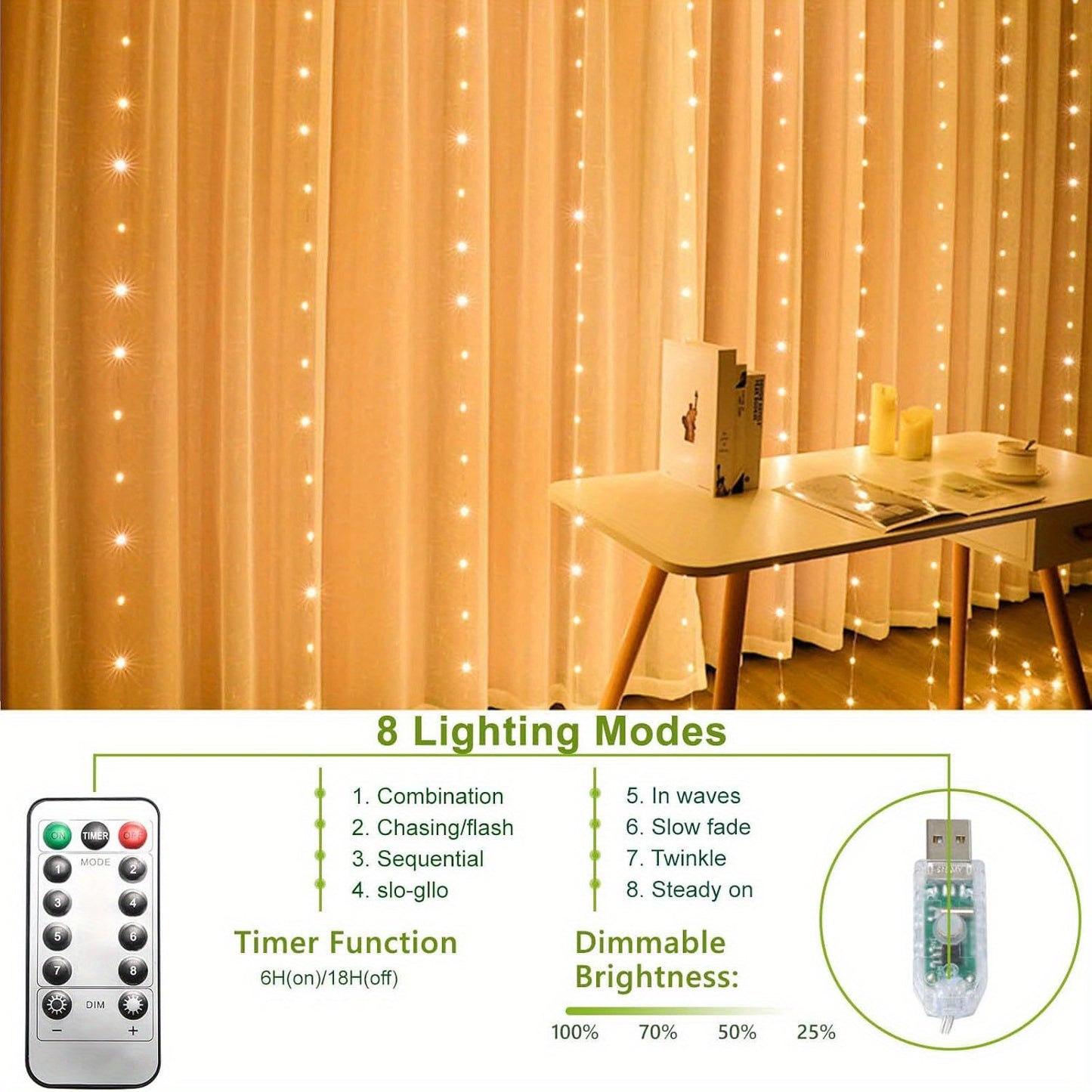 LED Sprookjesscherm Lichtjes, Sprookjesscherm Lichtjes voor Slaapkamer, Koude Witte USB Plug-in 8 Modi Chandelier String Lichtjes met Afstandsbediening, Geschikt voor Kerstmis, Slaapkamer, Binnen, Bruiloft, Feest, etc. Decoratie, Geschikt voor Alle Seizoe