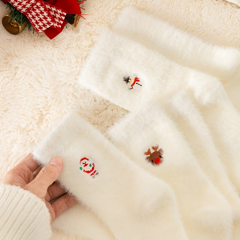 5 paar witte pluche kerstsokken voor dames, kuitlengte, verdikt en warm voor de winter, perfect om op de vloer te loungen.