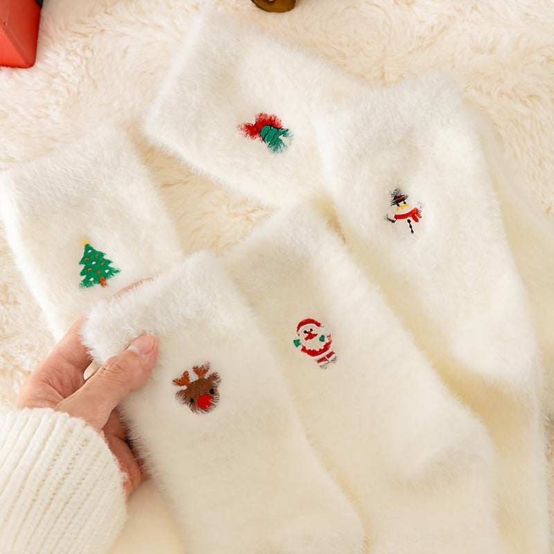 5 paar witte pluche kerstsokken voor dames, kuitlengte, verdikt en warm voor de winter, perfect om op de vloer te loungen.