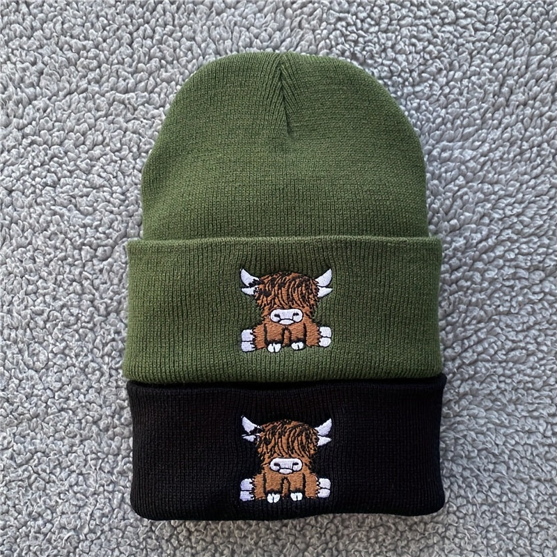 2 stuks Cartoon Highland Cow Geborduurde Beanie Mutsen - Elastische Stretch Fit Lichtgewicht Wintermutsen voor Mannen & Vrouwen, Olijfgroene & Zwarte, Handwasbare Unisex Dierenthema Beanies voor Nieuwjaar & Casual Dragen, Speelse Ontwerp, Textuur