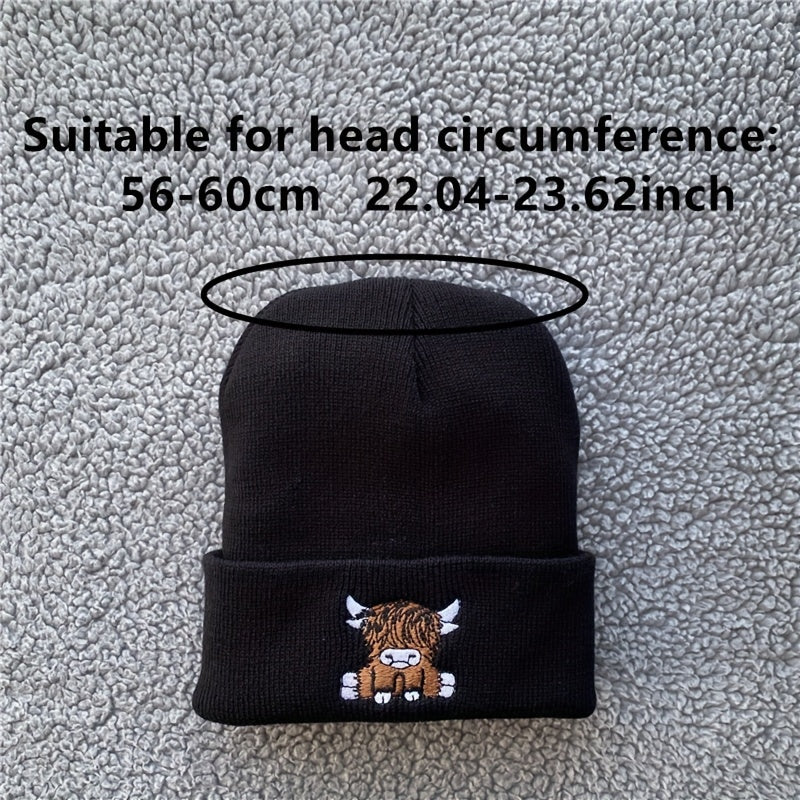 2 stuks Cartoon Highland Cow Geborduurde Beanie Mutsen - Elastische Stretch Fit Lichtgewicht Wintermutsen voor Mannen & Vrouwen, Olijfgroene & Zwarte, Handwasbare Unisex Dierenthema Beanies voor Nieuwjaar & Casual Dragen, Speelse Ontwerp, Textuur