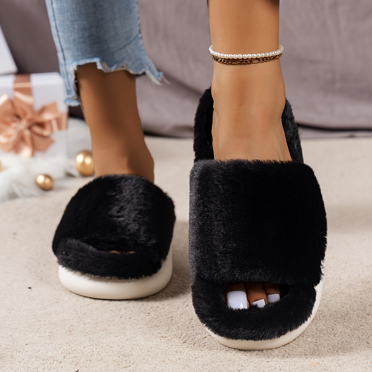 Warm Faux Fur Home Slippers – Cozy Open Toe Boot