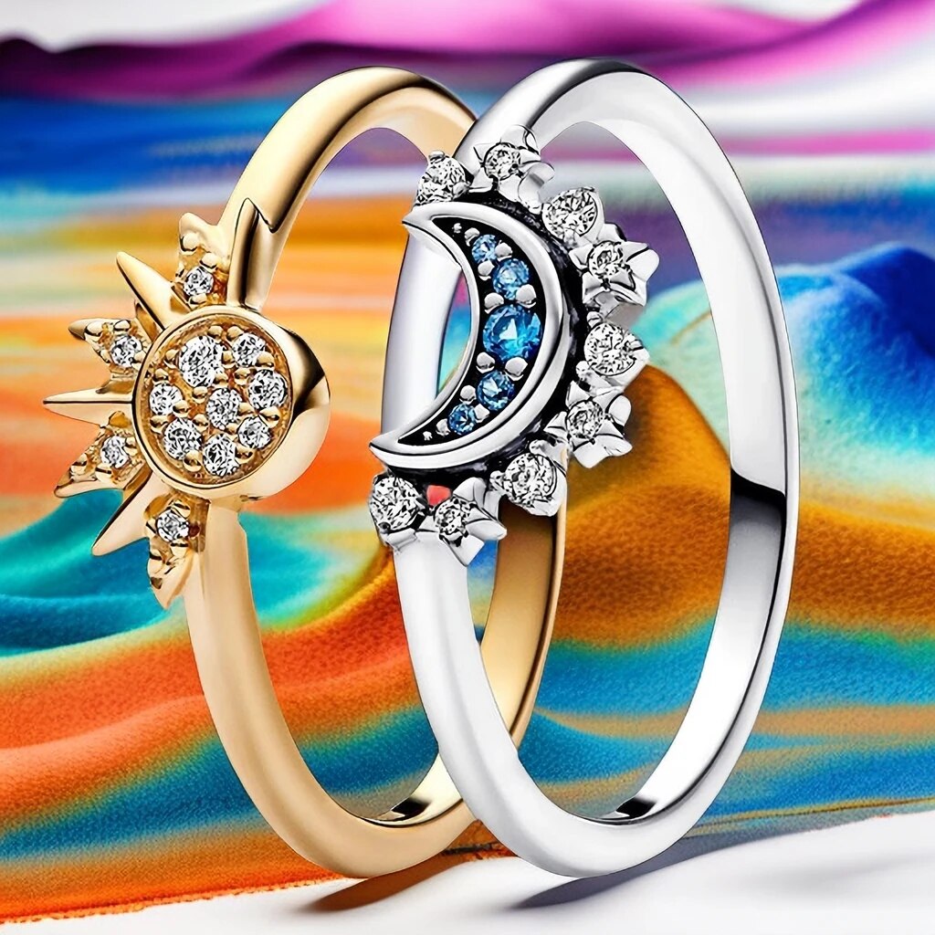 Duo de bagues en cristal céleste : motif soleil et lune