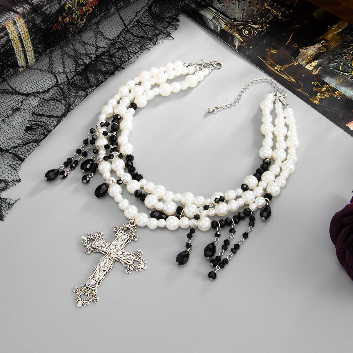 Halloween Fringed Cross Dark Necklace
