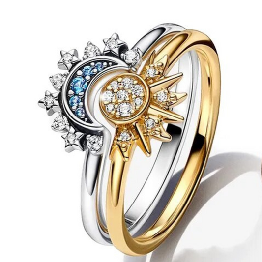 Duo de bagues en cristal céleste : motif soleil et lune
