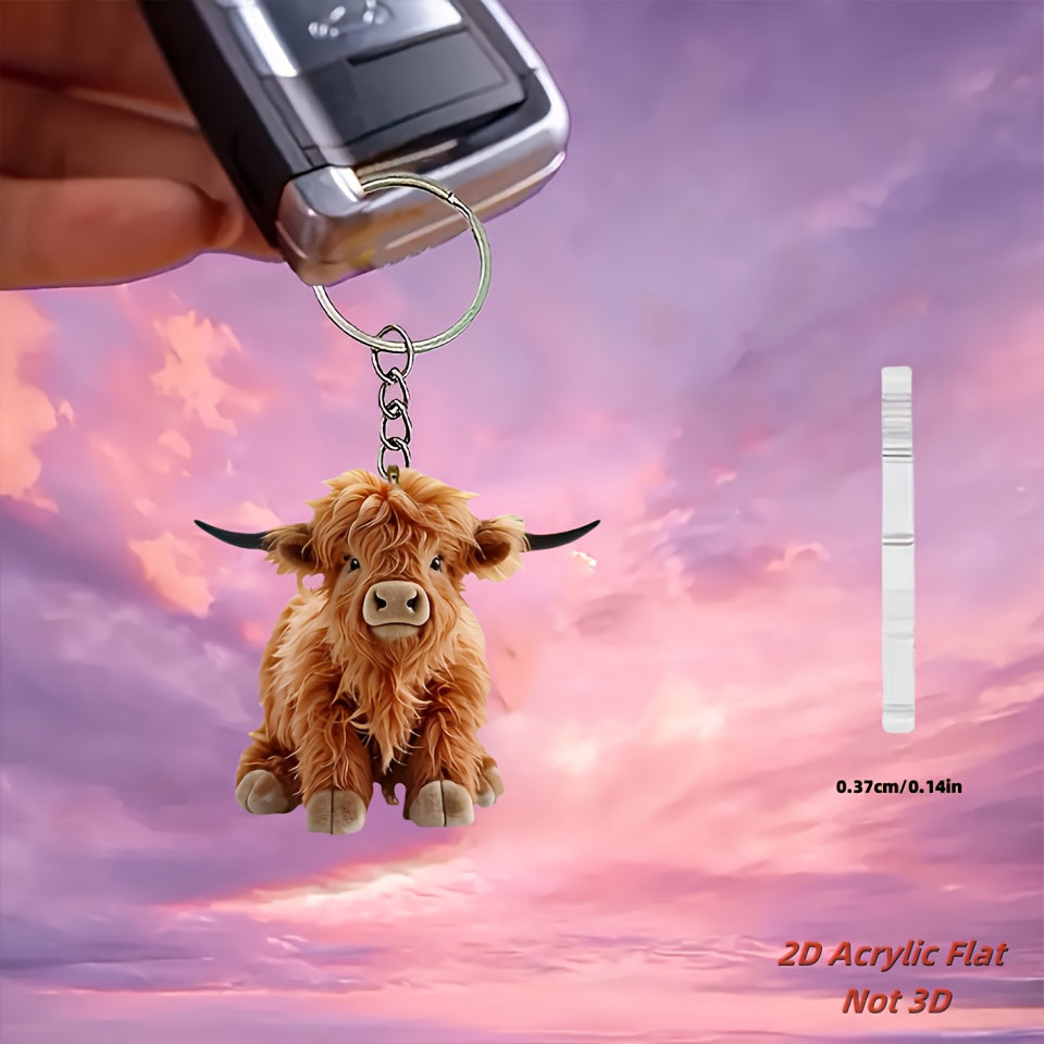 2D Plat, 2D Plat Acryl Sleutelhanger Hanger - Schattig Bruin Koe Ontwerp met Zwarte Oren & Snuit, Duurzame Metalen Ring voor Autosleutels, Kerst, Verjaardagen, Feestjes, Vakanties - Perfect Cadeau voor Mannen & Vrouwen, Feestdagen Geschenk, Speelse Design