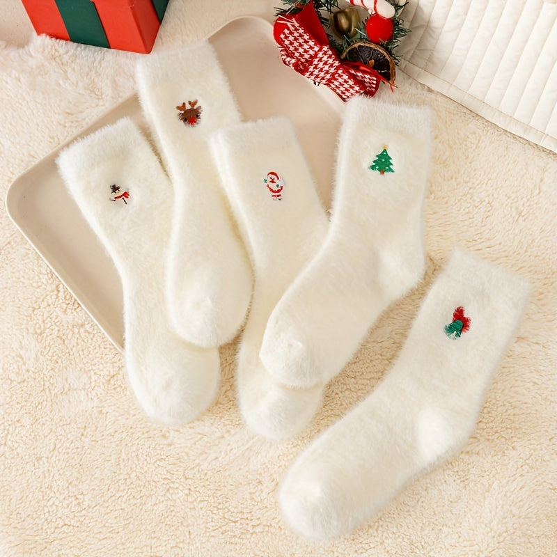 5 paar witte pluche kerstsokken voor dames, kuitlengte, verdikt en warm voor de winter, perfect om op de vloer te loungen.