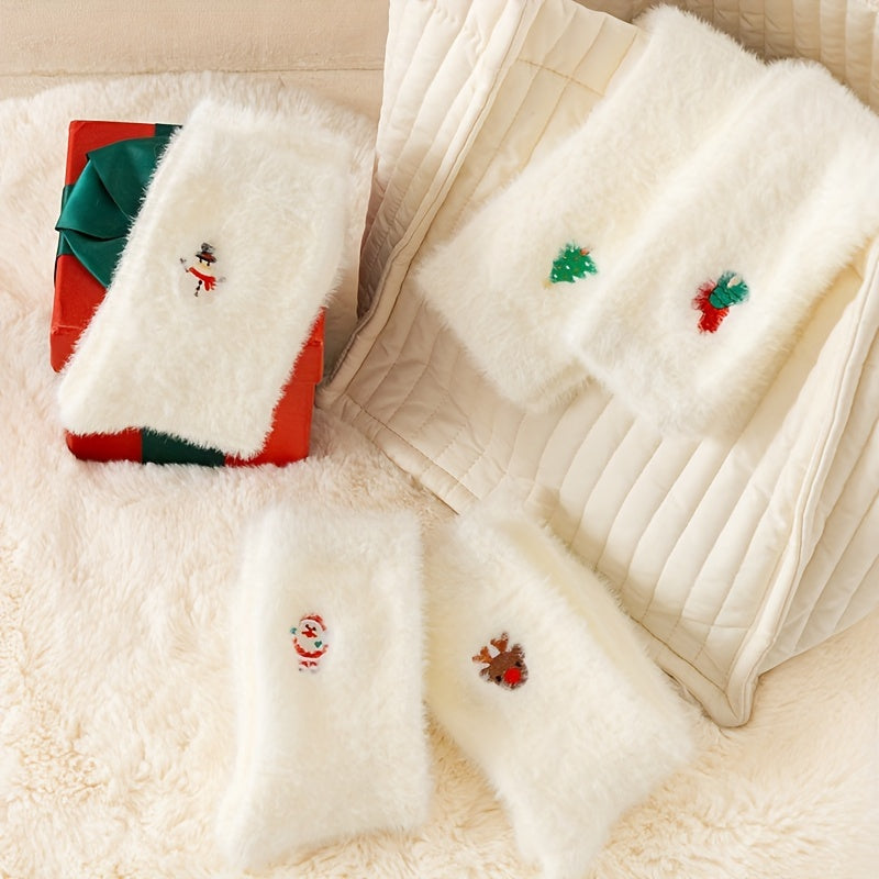 5 paar witte pluche kerstsokken voor dames, kuitlengte, verdikt en warm voor de winter, perfect om op de vloer te loungen.