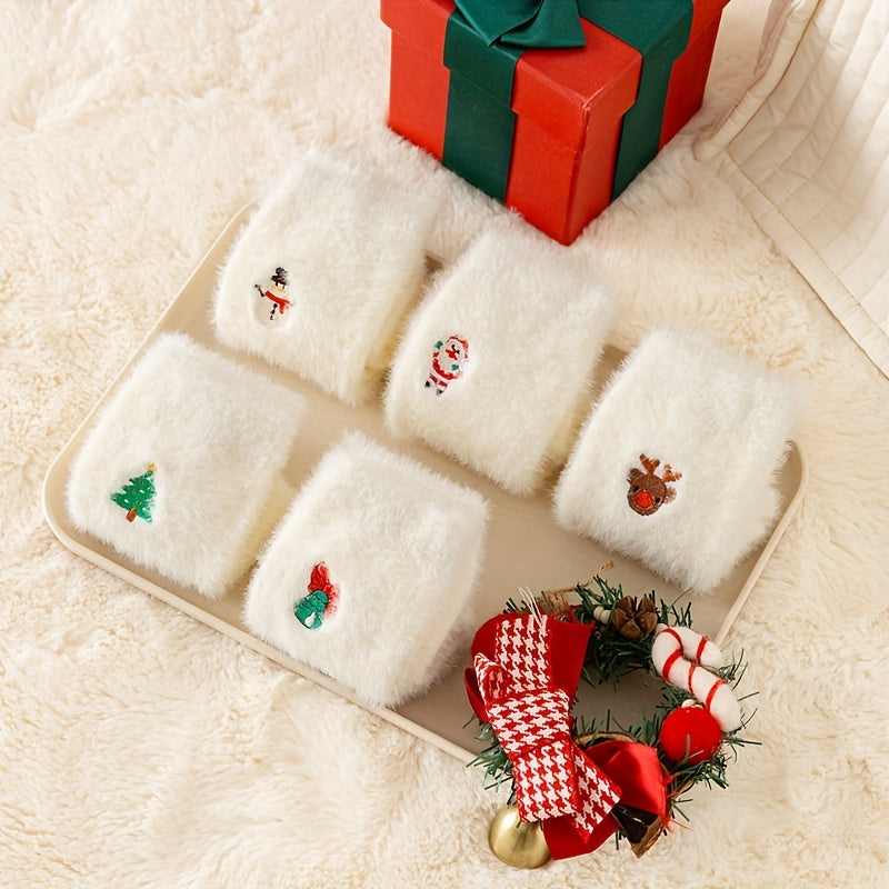 5 paar witte pluche kerstsokken voor dames, kuitlengte, verdikt en warm voor de winter, perfect om op de vloer te loungen.