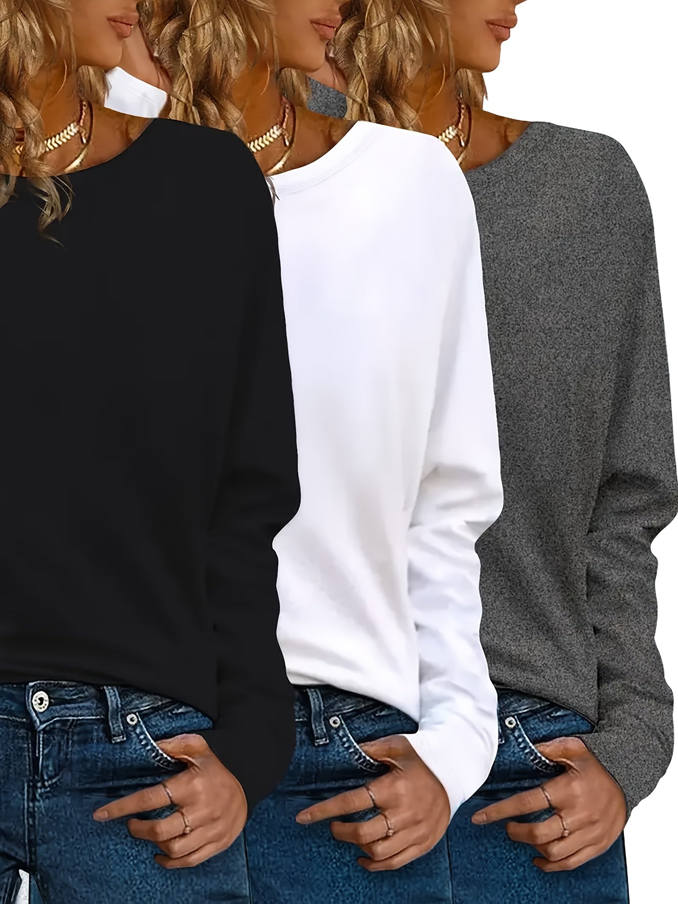 3™ | Trio of Casual Long Sleeve Crew Neck T-Shirts