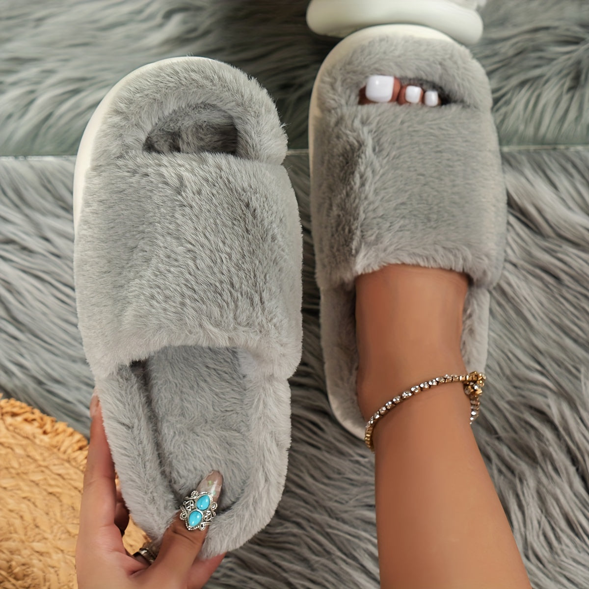 Warm Faux Fur Home Slippers – Cozy Open Toe Boot
