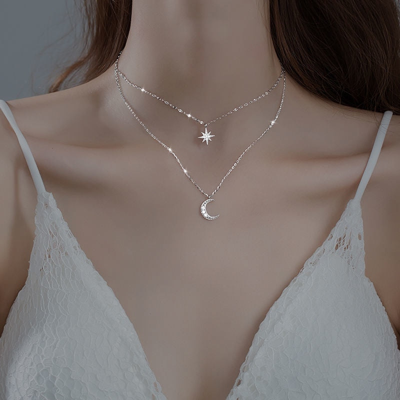 Collier double en argent – ​​Double lune avec élégance au clair de lune