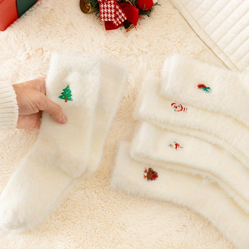 5 paar witte pluche kerstsokken voor dames, kuitlengte, verdikt en warm voor de winter, perfect om op de vloer te loungen.