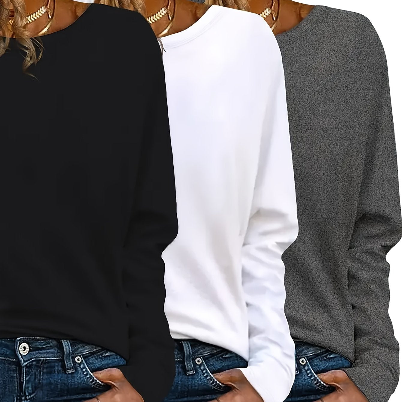 3™ | Trio of Casual Long Sleeve Crew Neck T-Shirts