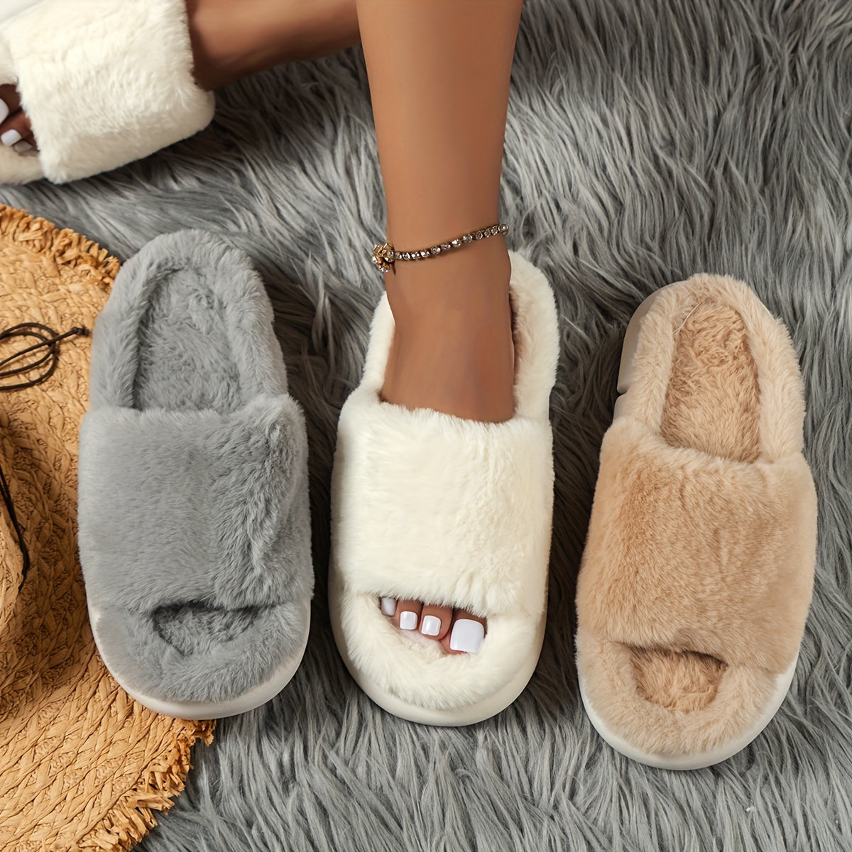 Warm Faux Fur Home Slippers – Cozy Open Toe Boot