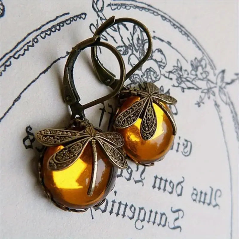 Boucles d'oreilles vintage en pierre de lune en forme de goutte avec motif libellule