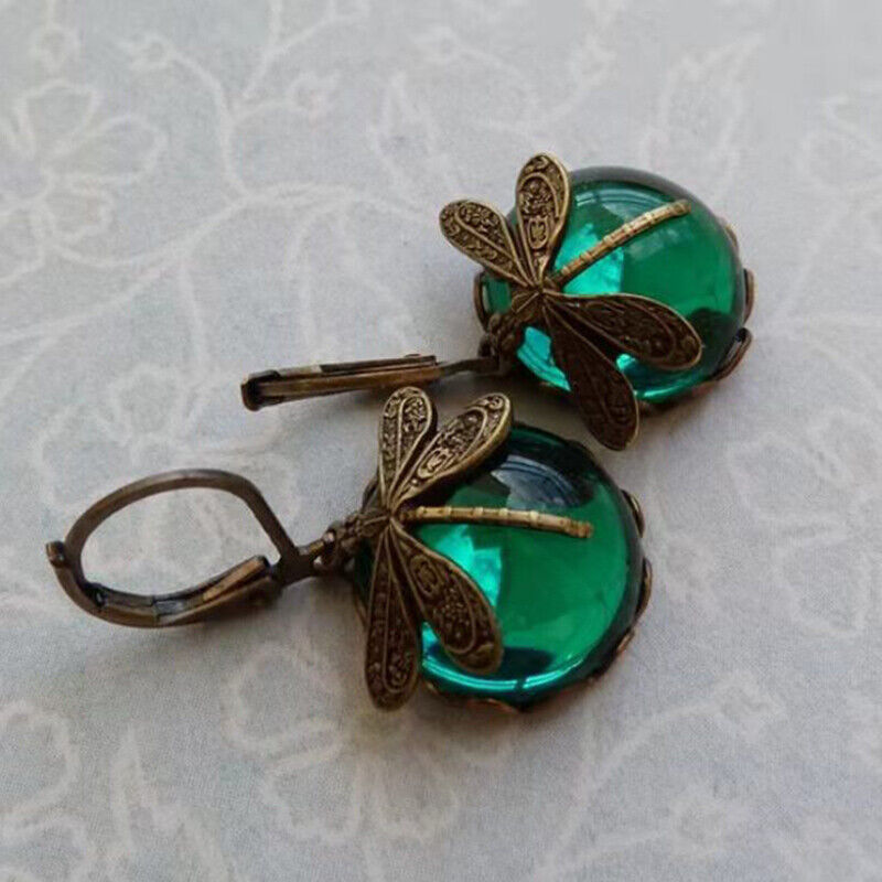 Boucles d'oreilles vintage en pierre de lune en forme de goutte avec motif libellule