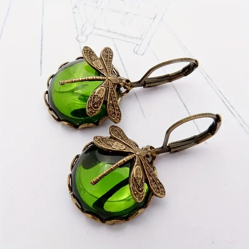 Boucles d'oreilles vintage en pierre de lune en forme de goutte avec motif libellule