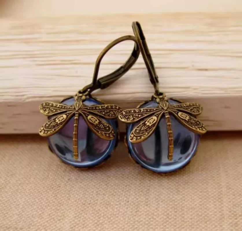 Boucles d'oreilles vintage en pierre de lune en forme de goutte avec motif libellule