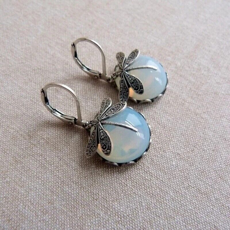 Boucles d'oreilles vintage en pierre de lune en forme de goutte avec motif libellule